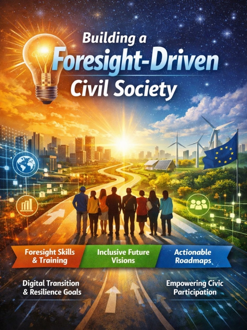 Building A Foresight Driven Civil Society - Image shows a group of people looking into a figurative future with images of renewable energy and smarty cities